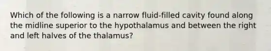 Which of the following is a narrow fluid-filled cavity found along the midline superior to the hypothalamus and between the right and left halves of the thalamus?