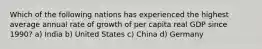 Which of the following nations has experienced the highest average annual rate of growth of per capita real GDP since 1990? a) India b) United States c) China d) Germany