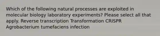 Which of the following natural processes are exploited in molecular biology laboratory experiments? Please select all that apply. Reverse transcription Transformation CRISPR Agrobacterium tumefaciens infection