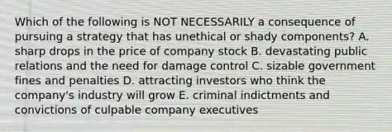 Which of the following is NOT NECESSARILY a consequence of pursuing a strategy that has unethical or shady components? A. sharp drops in the price of company stock B. devastating public relations and the need for damage control C. sizable government fines and penalties D. attracting investors who think the company's industry will grow E. criminal indictments and convictions of culpable company executives