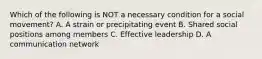 Which of the following is NOT a necessary condition for a social movement? A. A strain or precipitating event B. Shared social positions among members C. Effective leadership D. A communication network