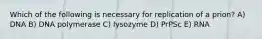 Which of the following is necessary for replication of a prion? A) DNA B) DNA polymerase C) lysozyme D) PrPSc E) RNA