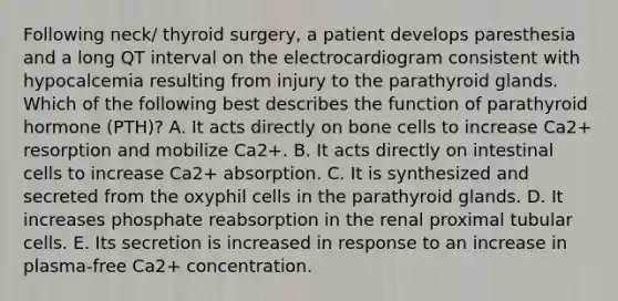 Following neck/ thyroid surgery, a patient develops paresthesia and a long QT interval on the electrocardiogram consistent with hypocalcemia resulting from injury to the parathyroid glands. Which of the following best describes the function of parathyroid hormone (PTH)? A. It acts directly on bone cells to increase Ca2+ resorption and mobilize Ca2+. B. It acts directly on intestinal cells to increase Ca2+ absorption. C. It is synthesized and secreted from the oxyphil cells in the parathyroid glands. D. It increases phosphate reabsorption in the renal proximal tubular cells. E. Its secretion is increased in response to an increase in plasma-free Ca2+ concentration.