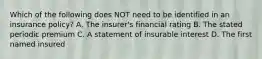 Which of the following does NOT need to be identified in an insurance policy? A. The insurer's financial rating B. The stated periodic premium C. A statement of insurable interest D. The first named insured