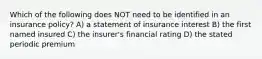 Which of the following does NOT need to be identified in an insurance policy? A) a statement of insurance interest B) the first named insured C) the insurer's financial rating D) the stated periodic premium