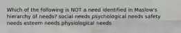 Which of the following is NOT a need identified in Maslow's hierarchy of needs? social needs psychological needs safety needs esteem needs physiological needs