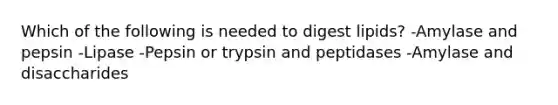 Which of the following is needed to digest lipids? -Amylase and pepsin -Lipase -Pepsin or trypsin and peptidases -Amylase and disaccharides