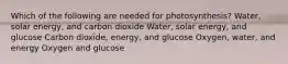 Which of the following are needed for photosynthesis? Water, solar energy, and carbon dioxide Water, solar energy, and glucose Carbon dioxide, energy, and glucose Oxygen, water, and energy Oxygen and glucose