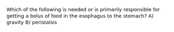 Which of the following is needed or is primarily responsible for getting a bolus of food in the esophagus to the stomach? A) gravity B) peristalsis