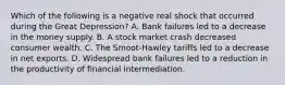 Which of the following is a negative real shock that occurred during the Great Depression? A. Bank failures led to a decrease in the money supply. B. A stock market crash decreased consumer wealth. C. The Smoot-Hawley tariffs led to a decrease in net exports. D. Widespread bank failures led to a reduction in the productivity of financial intermediation.