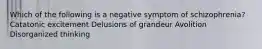 Which of the following is a negative symptom of schizophrenia? Catatonic excitement Delusions of grandeur Avolition Disorganized thinking