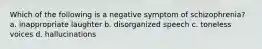 Which of the following is a negative symptom of schizophrenia? a. inappropriate laughter b. disorganized speech c. toneless voices d. hallucinations