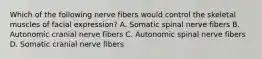 Which of the following nerve fibers would control the skeletal muscles of facial expression? A. Somatic spinal nerve fibers B. Autonomic cranial nerve fibers C. Autonomic spinal nerve fibers D. Somatic cranial nerve fibers