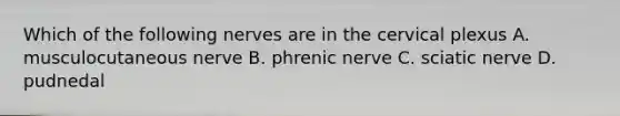 Which of the following nerves are in the cervical plexus A. musculocutaneous nerve B. phrenic nerve C. sciatic nerve D. pudnedal