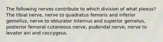 The following nerves contribute to which division of what plexus? The tibial nerve, nerve to quadratus femoris and inferior gemellus, nerve to obturator internus and superior gemelus, posterior femoral cutaneous nerve, pudendal nerve, nerve to levator ani and coccygeus.