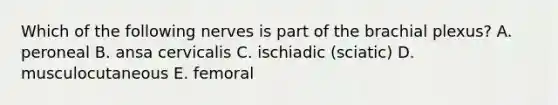 Which of the following nerves is part of the brachial plexus? A. peroneal B. ansa cervicalis C. ischiadic (sciatic) D. musculocutaneous E. femoral