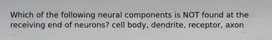 Which of the following neural components is NOT found at the receiving end of neurons? cell body, dendrite, receptor, axon