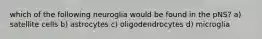 which of the following neuroglia would be found in the pNS? a) satellite cells b) astrocytes c) oligodendrocytes d) microglia