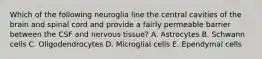 Which of the following neuroglia line the central cavities of the brain and spinal cord and provide a fairly permeable barrier between the CSF and nervous tissue? A. Astrocytes B. Schwann cells C. Oligodendrocytes D. Microglial cells E. Ependymal cells