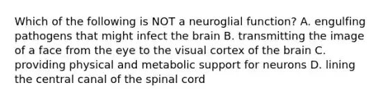 Which of the following is NOT a neuroglial function? A. engulfing pathogens that might infect the brain B. transmitting the image of a face from the eye to the visual cortex of the brain C. providing physical and metabolic support for neurons D. lining the central canal of the spinal cord