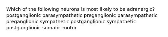 Which of the following neurons is most likely to be adrenergic? postganglionic parasympathetic preganglionic parasympathetic preganglionic sympathetic postganglionic sympathetic postganglionic somatic motor