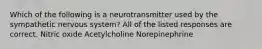 Which of the following is a neurotransmitter used by the sympathetic nervous system? All of the listed responses are correct. Nitric oxide Acetylcholine Norepinephrine