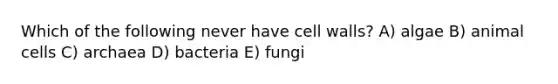 Which of the following never have cell walls? A) algae B) animal cells C) archaea D) bacteria E) fungi