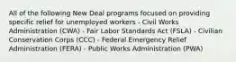 All of the following New Deal programs focused on providing specific relief for unemployed workers - Civil Works Administration (CWA) - Fair Labor Standards Act (FSLA) - Civilian Conservation Corps (CCC) - Federal Emergency Relief Administration (FERA) - Public Works Administration (PWA)