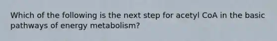 Which of the following is the next step for acetyl CoA in the basic pathways of energy metabolism?