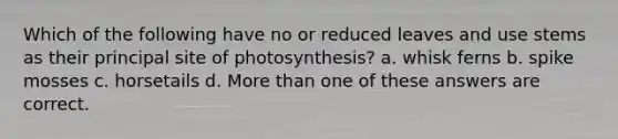 Which of the following have no or reduced leaves and use stems as their principal site of photosynthesis? a. whisk ferns b. spike mosses c. horsetails d. <a href='https://www.questionai.com/knowledge/keWHlEPx42-more-than' class='anchor-knowledge'>more than</a> one of these answers are correct.