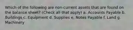 Which of the following are non-current assets that are found on the balance sheet? (Check all that apply) a. Accounts Payable b. Buildings c. Equipment d. Supplies e. Notes Payable f. Land g. Machinery