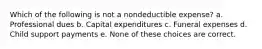 Which of the following is not a nondeductible expense? a. Professional dues b. Capital expenditures c. Funeral expenses d. Child support payments e. None of these choices are correct.