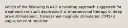 Which of the following is NOT a nondrug approach suggested for treatment-resistant depression? a. interpersonal therapy b. deep brain stimulationc. transcranial magnetic stimulation (TMS) d. vagus nerve stimulation