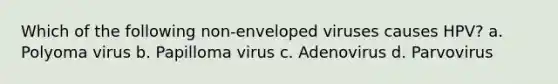 Which of the following non-enveloped viruses causes HPV? a. Polyoma virus b. Papilloma virus c. Adenovirus d. Parvovirus