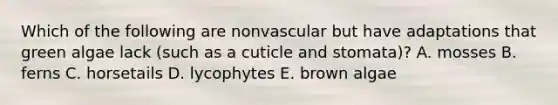 Which of the following are nonvascular but have adaptations that green algae lack (such as a cuticle and stomata)? A. mosses B. ferns C. horsetails D. lycophytes E. brown algae