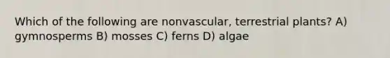 Which of the following are nonvascular, terrestrial plants? A) gymnosperms B) mosses C) ferns D) algae