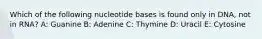 Which of the following nucleotide bases is found only in DNA, not in RNA? A: Guanine B: Adenine C: Thymine D: Uracil E: Cytosine