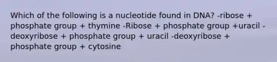 Which of the following is a nucleotide found in DNA? -ribose + phosphate group + thymine -Ribose + phosphate group +uracil -deoxyribose + phosphate group + uracil -deoxyribose + phosphate group + cytosine