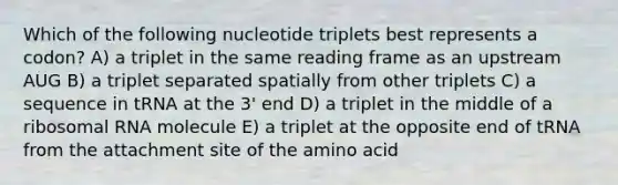 Which of the following nucleotide triplets best represents a codon? A) a triplet in the same reading frame as an upstream AUG B) a triplet separated spatially from other triplets C) a sequence in tRNA at the 3' end D) a triplet in the middle of a ribosomal RNA molecule E) a triplet at the opposite end of tRNA from the attachment site of the amino acid