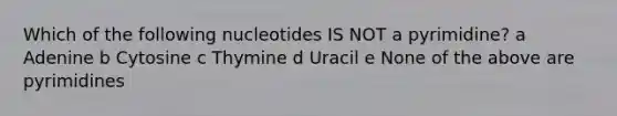 Which of the following nucleotides IS NOT a pyrimidine? a Adenine b Cytosine c Thymine d Uracil e None of the above are pyrimidines