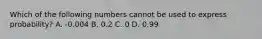 Which of the following numbers cannot be used to express probability? A. -0.004 B. 0.2 C. 0 D. 0.99