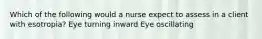 Which of the following would a nurse expect to assess in a client with esotropia? Eye turning inward Eye oscillating