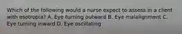 Which of the following would a nurse expect to assess in a client with esotropia? A. Eye turning outward B. Eye malalignment C. Eye turning inward D. Eye oscillating