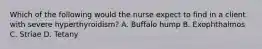 Which of the following would the nurse expect to find in a client with severe hyperthyroidism? A. Buffalo hump B. Exophthalmos C. Striae D. Tetany