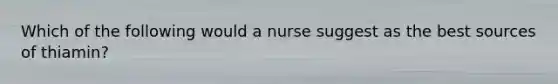 Which of the following would a nurse suggest as the best sources of thiamin?