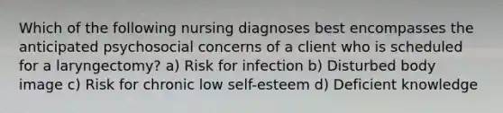 Which of the following nursing diagnoses best encompasses the anticipated psychosocial concerns of a client who is scheduled for a laryngectomy? a) Risk for infection b) Disturbed body image c) Risk for chronic low self-esteem d) Deficient knowledge