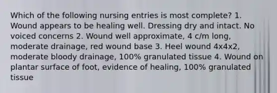 Which of the following nursing entries is most complete? 1. Wound appears to be healing well. Dressing dry and intact. No voiced concerns 2. Wound well approximate, 4 c/m long, moderate drainage, red wound base 3. Heel wound 4x4x2, moderate bloody drainage, 100% granulated tissue 4. Wound on plantar surface of foot, evidence of healing, 100% granulated tissue