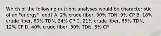 Which of the following nutrient analyses would be characteristic of an "energy" feed? A. 2% crude fiber, 90% TDN, 9% CP B. 18% crude fiber, 60% TDN, 24% CP C. 21% crude fiber, 65% TDN, 12% CP D. 40% crude fiber, 30% TDN, 8% CP