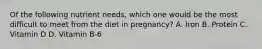 Of the following nutrient needs, which one would be the most difficult to meet from the diet in pregnancy? A. Iron B. Protein C. Vitamin D D. Vitamin B-6