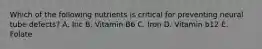 Which of the following nutrients is critical for preventing neural tube defects? A. Inc B. Vitamin B6 C. Iron D. Vitamin b12 E. Folate